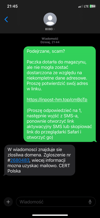 Screen z telefonu, zgłoszenie scam na 8080 i odpowiedź CERT Polska