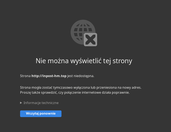 Ekran przeglądarki pokazującej że nie może załadować strony.