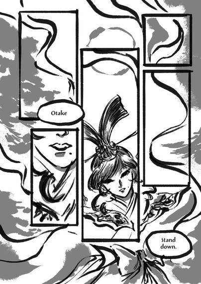 Second page of fight / flight par 4. A beautiful woman descends. She is bathed in moonlight, her long hair tied up with gilded ornaments, a beauty mark on her lower face near her lips, and with a halo of robes fluttering behind her. She commands Otake to stand down.