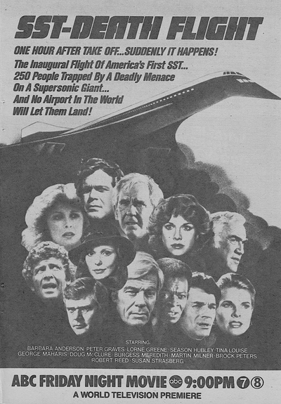 Title of the movie with a Concorde on fire and the floating heads of       Barbara Anderson     Bert Convy     Peter Graves     Lorne Greene     Season Hubley     Tina Louise     George Maharis     Doug McClure     Burgess Meredith     Martin Milner     Brock Peters     Robert Reed     Susan Strasberg