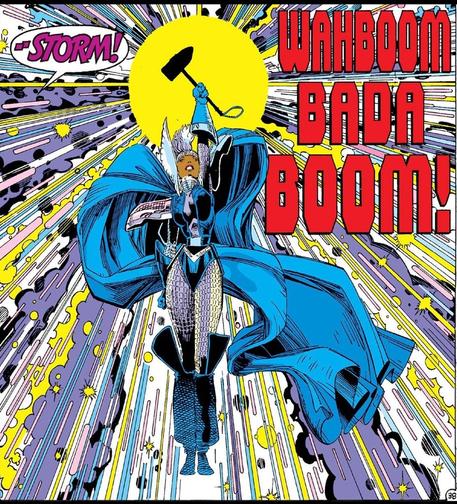 "--STORM!" yells someone off panel as Storm is airborne in an Agardian costume and a hammer in hand. Sound effect: "WAHBOOM BADA BOOM!"