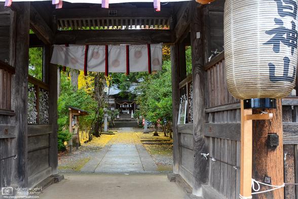 Autumn colors at Mirakami Shrine outside Nagano, Japan.