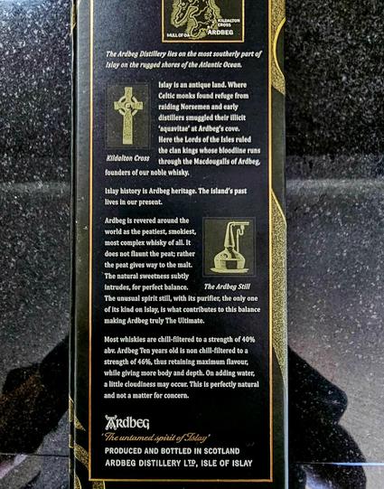 Rear side of the Ardbeg 10 Year Single Malt whisky box.