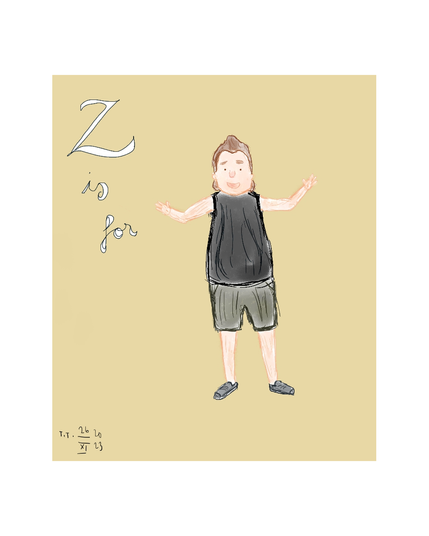 Digital drawig, light yellow background. A boy, wearing a black tank top, green shorts, and grey sneakers, hands held up. To his upper lef reads ”Z is for Zeke”.