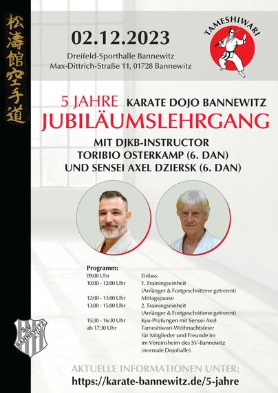 Ausschreibungen zum 5-jahre-Jubiläum-Lehrgang des Karate-Dojos TAMESHIWARI in der Dreifeldhalle in Bannewitz am 02.12.2023