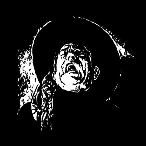 Pen drawing of Lon Chaney wearing a wide brimmed hat and looking up with an anguished expression drawn on a black background.