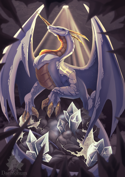 The crystal dragon Hyozanryu from YuGiOh sitting in a crystal cavern, a single ray of light illuminating the gemstone scales.