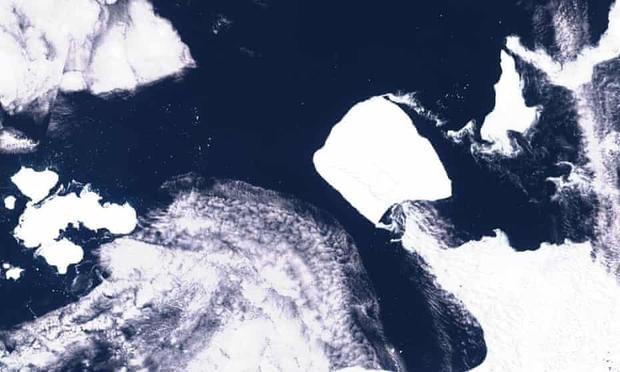 A satellite image of the world's largest iceberg, named A23a, seen in Antarctica on 15 November, 2023. The iceberg has broken loose and is drifting past the northern tip of the Antarctic Peninsula. Photograph: NASA/ZUMA Press Wire/Shutterstock