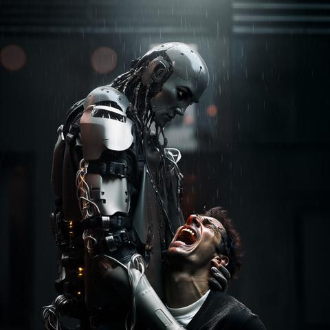 Standing in the rain, a robot cradles a human who knells and is screaming in distress as the robot holds them with either care or malice, apparently the robot in control. It is fraught and tense but also some care or regard seems to be happening between them as their fates are bound together.