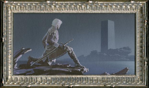 Gripping his sheathed sword and down on one knee, Adolin Kholin looks upon Lasting Integrity from across the Sea of Souls. The stronghold of the Honor spren rises up from the rocks like a tall obelisk, featureless on all sides.