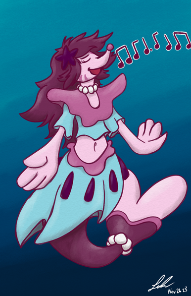 My OC Vee, who is normally a Sylveon, is now a Primarina. They are happily singing a song while underwater.
