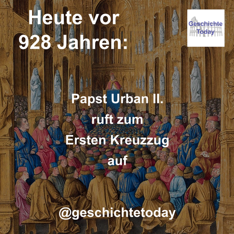Heute vor 928 Jahren: Papst Urban II. ruft zum Ersten Kreuzzug auf. Das Gemälde von Jean Colombe zeigt die Synode von Clermont. Papst Urban II. spricht von einer Kanzel aus zu den in der Kirche versammelten Bischöfen und Äbten.