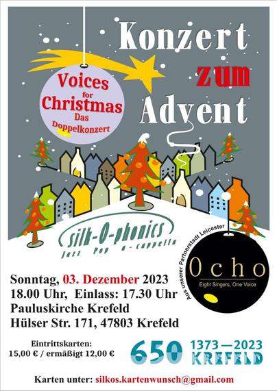 Plakat mit dem Titel "Konzert zum Advent" und "Voices for Christmas".