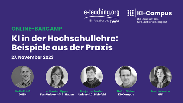 Online-Barcamp von e-teaching.org und KI-Campus: KI in der Hochschullehre – Beispiele aus der Praxis. Am 27.11.2022.