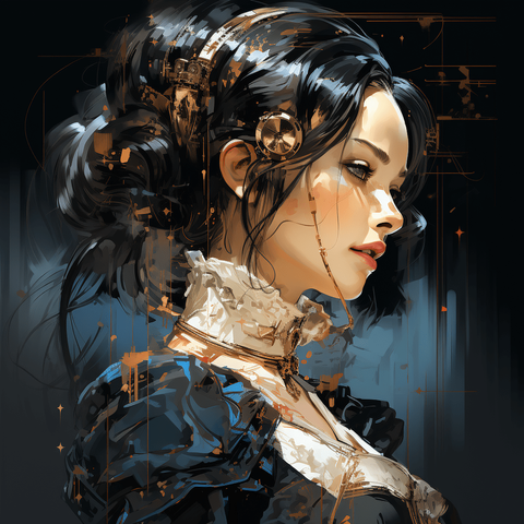 Ada Lovelace, Cyberpunk and Steampunk styled. Generated with MJ 5.2, prompt: "Ada Lovelace in cyberpunk style, queen of computing, goddess of artificial intelligence, first programmer on earth"