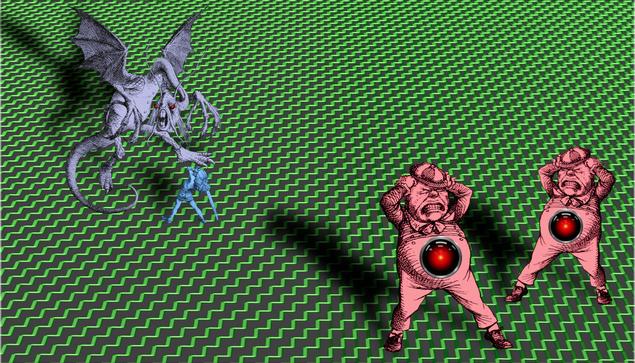A giant glowing green Cartesian plane, receding into the distance. In the foreground are Tenniel's illustrations of Tweedledee and Tweedledum, pulling their hair in rage. Each has a glowing HAL9000 eye from Kubrick's '2001: A Space Odyssey' on his belly. In the background, Tenniel's Beamish Boy confronts the Jabberwock, whose eyes have also been replaced with HAL9000's eye.


Image:
Cryteria (modified)
https://commons.wikimedia.org/wiki/File:HAL9000.svg

CC BY 3.0
https://creativecommons.org/licenses/by/3.0/deed.en