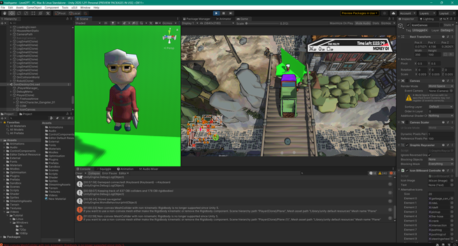 Screenshot of the Unity editor showing a virtaul greenscreen and a grandma holding a sword in front of it.