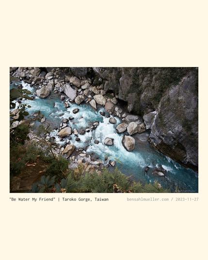 The crystal clear turquoise water of Liwu river, as seen from the street snaking its path through Taroko Gorge.
