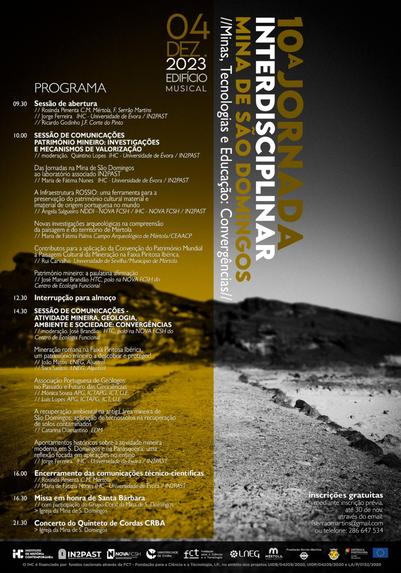 Cartaz-programa da 10ª Jornada Interdisciplinar na Mina de São Domingos “Minas, tecnologias e educação: convergências”. 4 de Dezembro de 2023, no Edifício Musical da Mina de São Domingos, Mértola. Inscrições gratuitas até 30 de Novembro através do email fserraomartins@gmail.com ou do telefone 286 647 534.