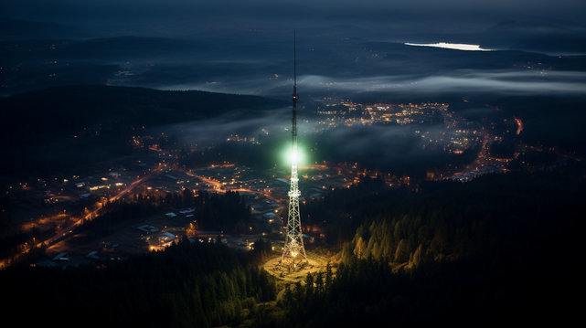 An aerial nighttime view of a small town nestled in a valley, with a prominent communications tower glowing green in the foreground. The tower stands on a hill, casting a beacon of light over the landscape. The town below is partially shrouded by rolling fog, with streets and buildings softly illuminated by amber streetlights. In the distance, a river or lake reflects the night sky, creating a striking contrast with the surrounding darkness. The scene is tranquil and still, evoking the quiet of a late evening in a secluded community.