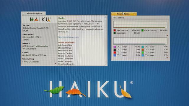 Screenshot from Haiku. On the left is the "About this system" window, showing the Xeon listed. On the right is Activity Monitor showing the new processor's 8 "CPUs" (which are actually threads).