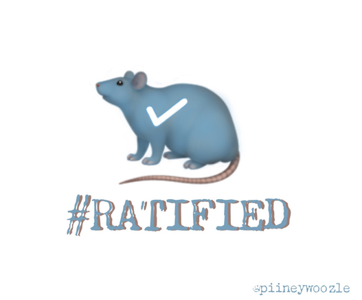 A cute blue rat with pink ears, nose, paws and tail, black eyes and a white check mark on his side. Under him is #RATIFIED in the same blue & signed @Pineywoozle