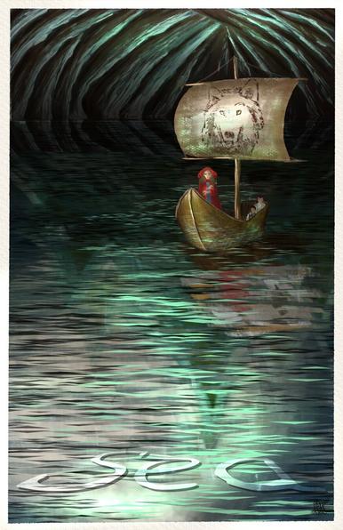Illustration of a girl in a red cloak and two companions in a boat with a simple sale, sailing on a body of water in a large cave. the sail on the boat has a wolf's head on it.  Floating just under the surface of the water toward the viewer is text of the word "Sea".