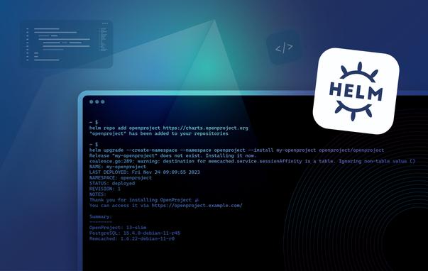 Helm logo and developer console with helm charts for OpenProject