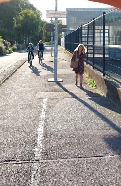 Panneau de jalonnement vélo pour le tour des Bauges surmontant un panneau "suivre" et muni d'un petit logo impossible à lire sans s'arrêter...