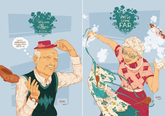 2 old people celebrating how far they've come with human rights compared to when they were young.