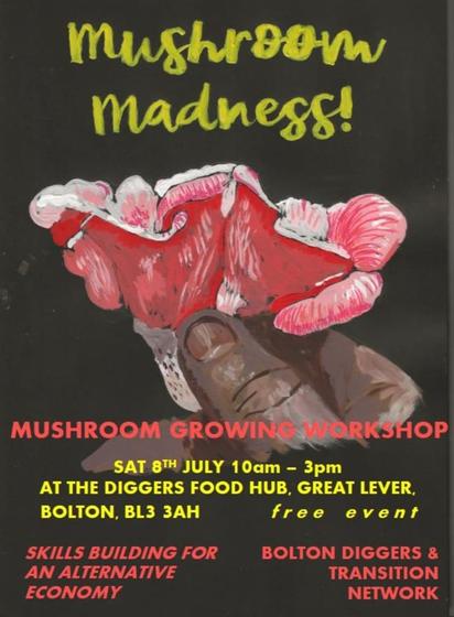 Colourful posters promoting some of Bolton Diggers' workshops. Image shows a hand holding a pink mushroom. Text reads: "Mushroom Madness. Mushroom growing workshop Sat 8th July 10am-3pm at the Diggers Food Hub, Great Level, Bolton BL3 3AH. Free event, Skills building for an Alternative Economy. Bolton Diggers and Transition Network.