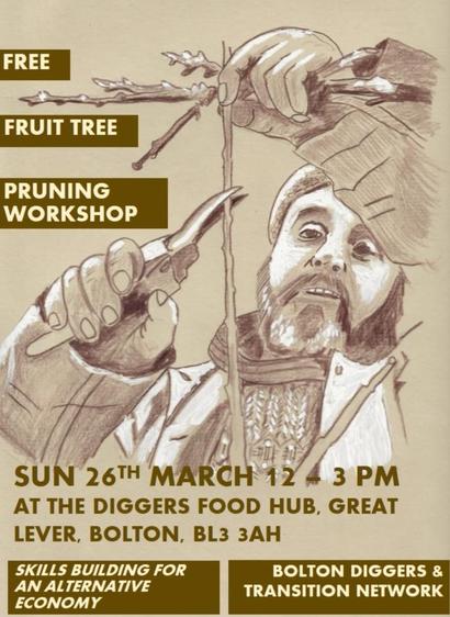 A drawing of a man pruning a small branch of a tree. Text reads: Free Fruit Tree pruning workshop. Sun 26th March 12-3pm at the Diggers Food Hub, Great Lever, Bolton BL3 3AH.