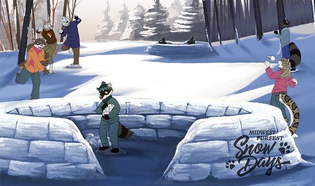 A group of anthro animals having a snowball fight around a half built snow fort.