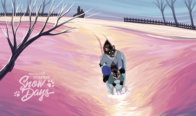 A raccoon father and son rushing down a snowy hill.