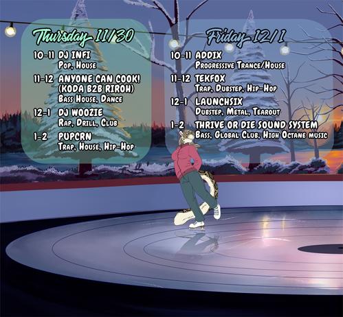 A schedule written over. Picture of an anthro snow leopard ice skating.