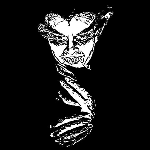 Pen drawing of a vampire smiling menacingly and crossing its hands over its chest drawn on a black background.