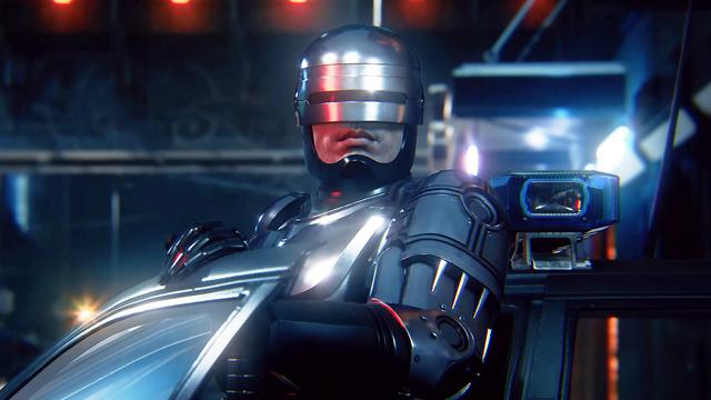 Key art for RoboCop: Rogue City. Alex Murphy (RoboCop) gets out of his squad car.
