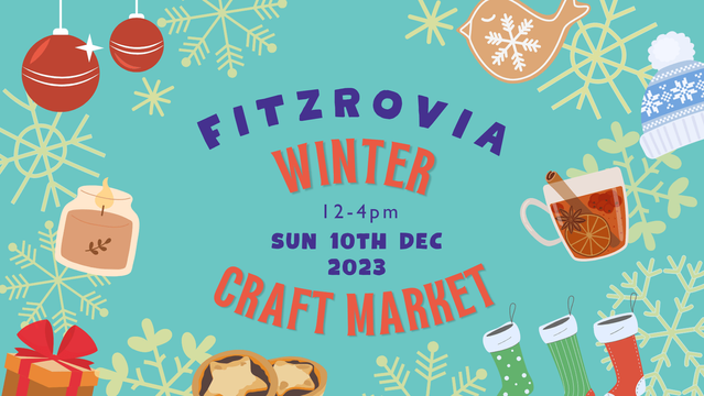 Festive poster describes Fitzrovia winter craft market Sunday 10 December 2023.