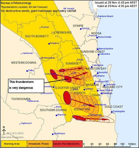Map of the cells provided by the BoM as of 16:43.  Lots of cells in the area, a "dangerous" cell marked about 20km south-west of Esk headded east north east toward Caboolture/Redcliffe.