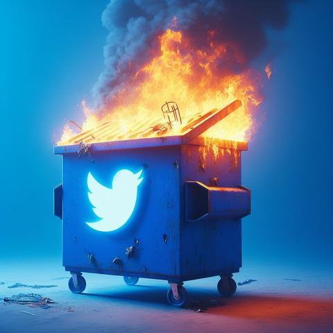Ei brennande søppelbøtte med (den gamle) Twitter-logoen på.