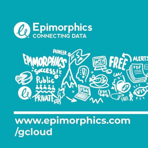 Decorative image - bright teal background with Epimorphics connecting data logo at the top, followed in the centre with  a mixture of data and customer themed sketches under this a white horizontal line and then the link: www.epimorphics.com,/gcloud