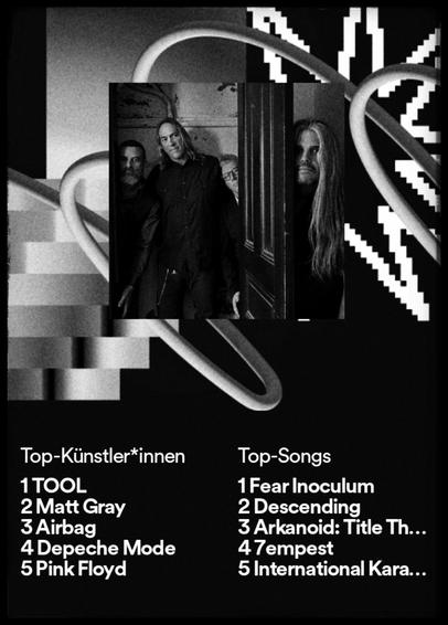 Screenshot of 2023s Spotify Wrapped showing my top 5 artist and songs.
Artists:
1 TOOL
2 Matt Gray
3 Airbag
4 Depeche Mode
5 Pink Floyd

Songs:
1 Fear Inoculum (TOOL)
2 Descending (TOOL)
3 Arkanoid Title Theme (Matt Gray)
4 7empest (TOOL)
5 International Karate (Matt Gray)