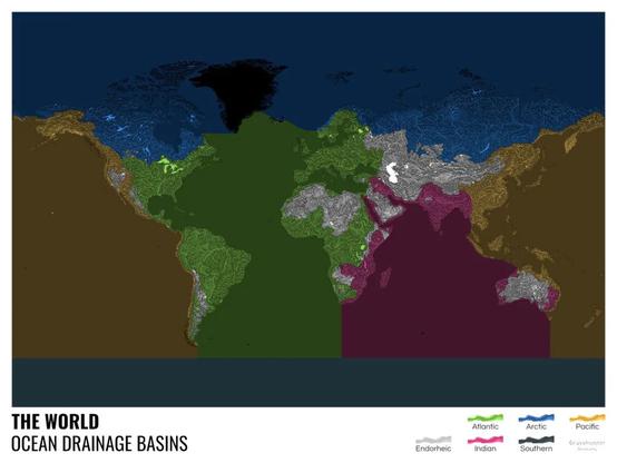 map - world/global - Ocean Drainage Basins Of The World's Rivers