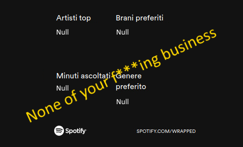 A typical capture from #wrapped Spotify campaing, but with empty information and an highlight text that reads: "None of your fucking business"