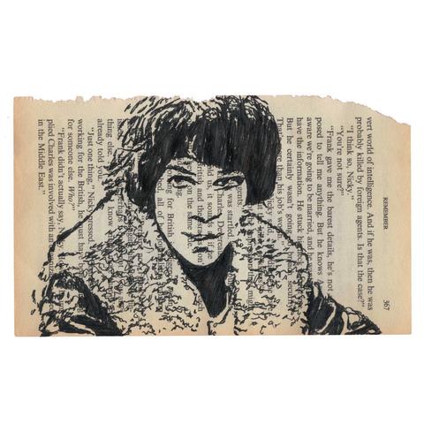 Pen drawing of an angry-looking woman wearing a fur coat drawn on a torn-out book page.