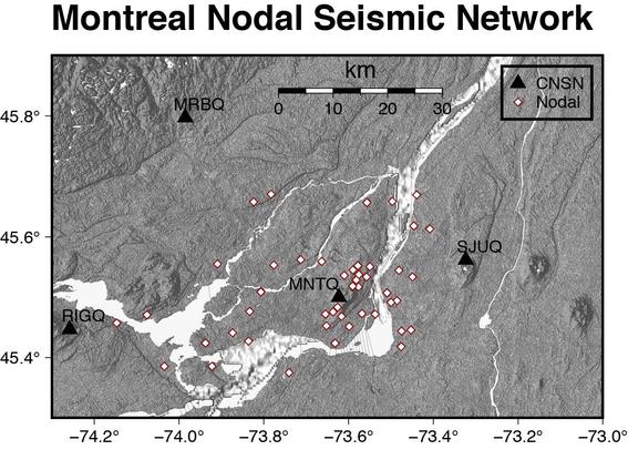 A map of the Montreal area showing the placement of 48 geophone recorders (diamonds) as well as the official broadband seismometers (black triangles).