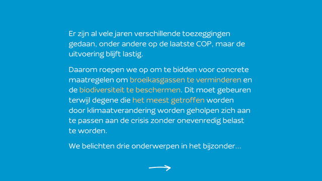 Er zijn al vele jaren verschillende toezeggingen gedaan, onder andere op de laatste COP, maar de uitvoering blijft lastig.

Daarom roepen we op om te bidden voor concrete maatregelen om broeikasgassen te verminderen en de biodiversiteit te beschermen. Dit moet gebeuren terwijl degene die het meest getroffen worden  door klimaatverandering worden geholpen zich aan te passen aan de crisis zonder onevenredig belast te worden.

We belichten drie onderwerpen in het bijzonder...