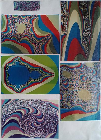 A4-Seite mit sechs Farbfotografien von Computergrafiken der Mandelbrotmenge in einer geringen Bildauflösung.