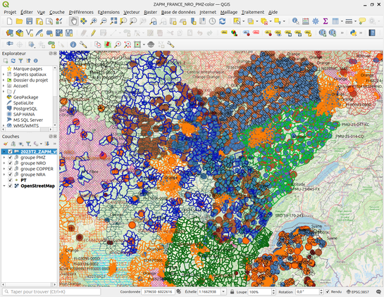 Carte des Zones arrières du point de mutualisation (ZAPM) colorisées pour une meilleur distinction des opérateurs d'infrastructure.