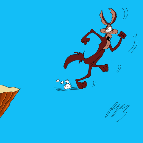 Wile E. Coyote on the wrong side of a cliff edge.